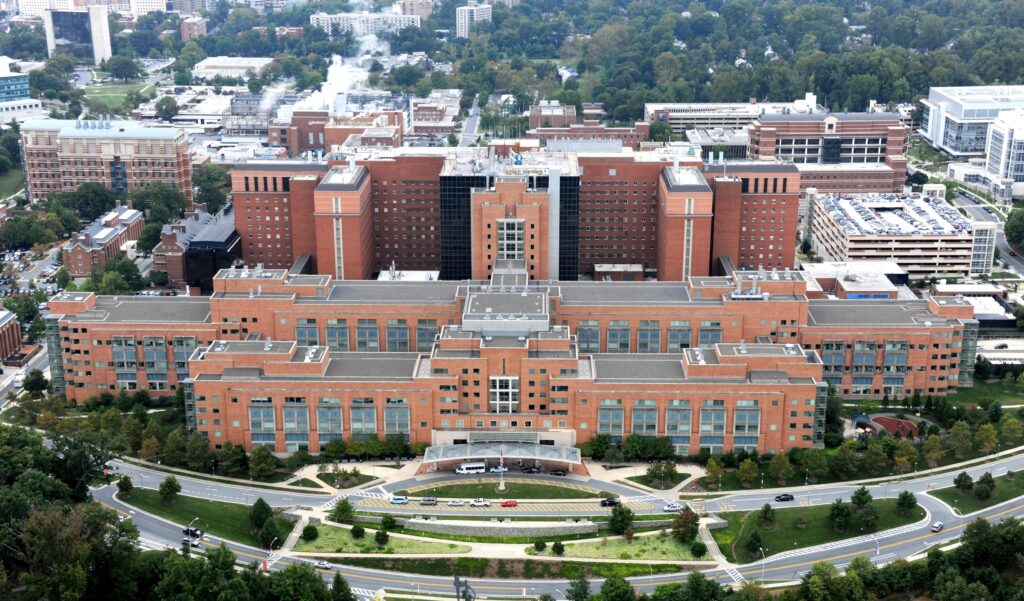 Aerial photo of NIH Clinical Center building