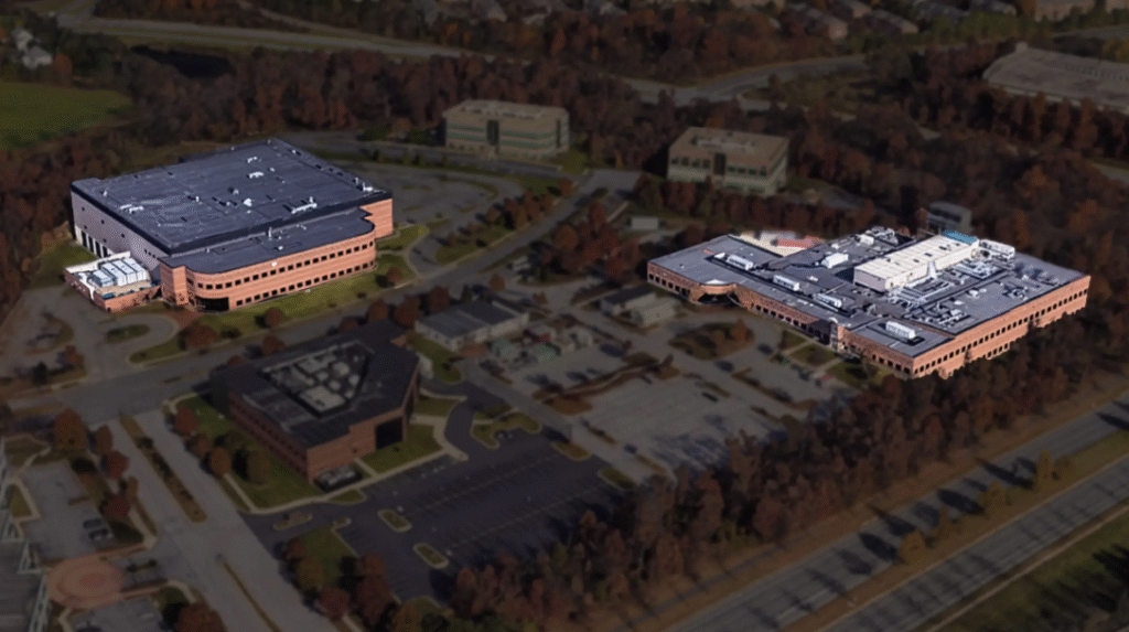 Aerial view of commercial buildings with two highlighted