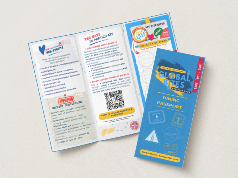 Image of open Global Bites 2026 Dining Passport with front cover shown to the right