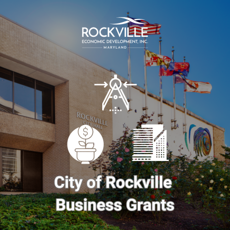 Text overlay on photo of Rockville City Hall that says City of Rockville Business Grants