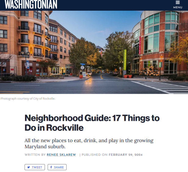 Washingtonian digital article with a photo of an intersection in Rockville. "Neighborhood Guide: 17 Things to do in Rockville"